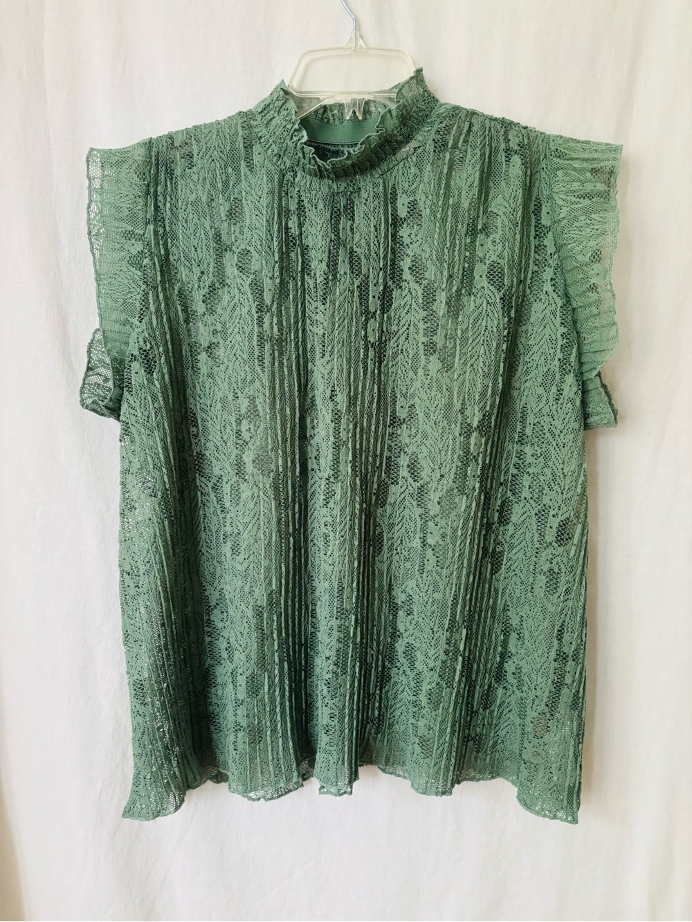 Sage Green Lace Blouse 1X Ruffle Mock Neck Flutter Sleeve Plus Size